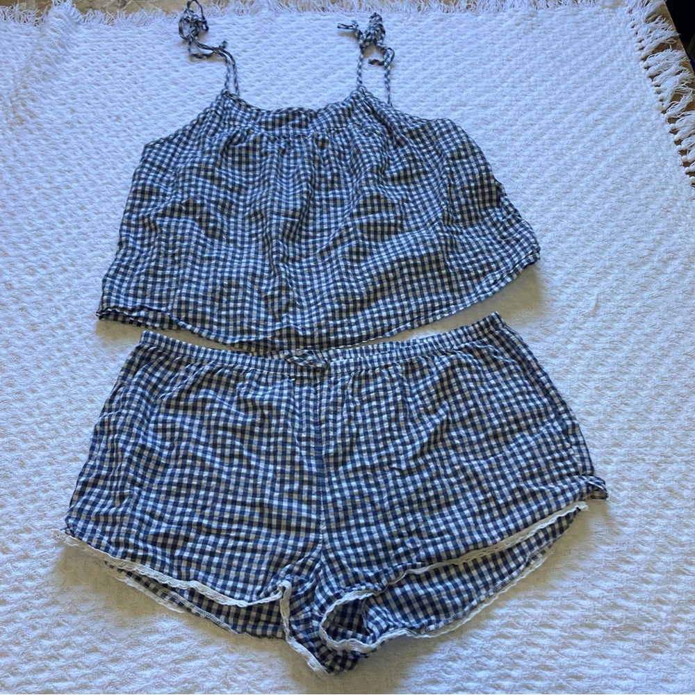 AERIE Navy and White Gingham Shoulder Tie Cropped Tank and Boxer Shorts PJ Set